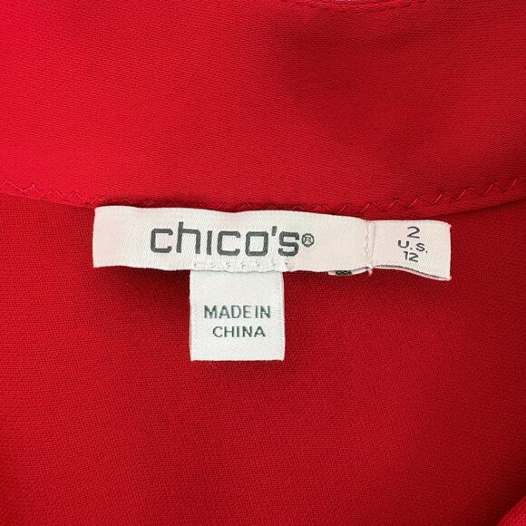 Chicos Ruffle Front Button Up Blouse Size 2 US 12 Red V Neck Sparkle Trim Top - Picture 7 of 12